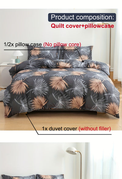 Elegant Dark Gray Leaf Duvet Cover Set