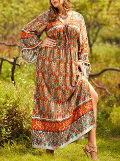 Women's Boho Dress, Plus Size Arabesque Print Tassel Decor Bell Sleeve V Neck Side Split Maxi Dress