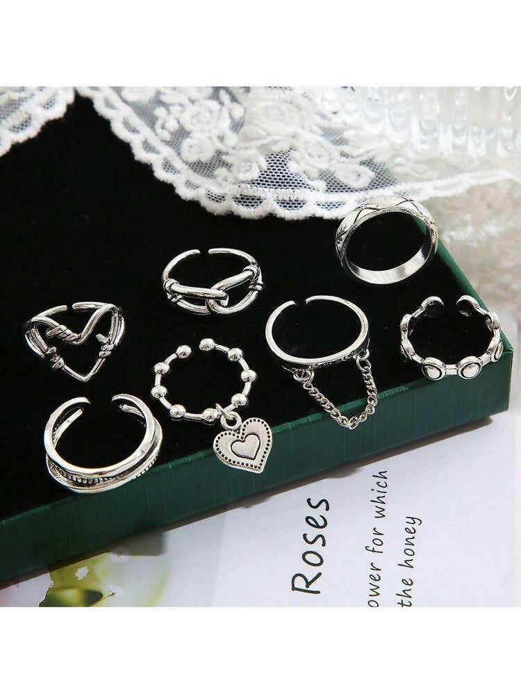 7pcs/set Unique Metal Geometric Chains, Open Heart Joint Rings for Women