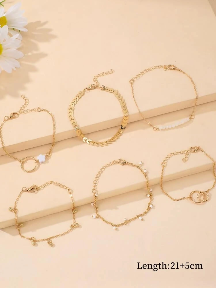 6pcs faux pearl and flower embellished bracelet