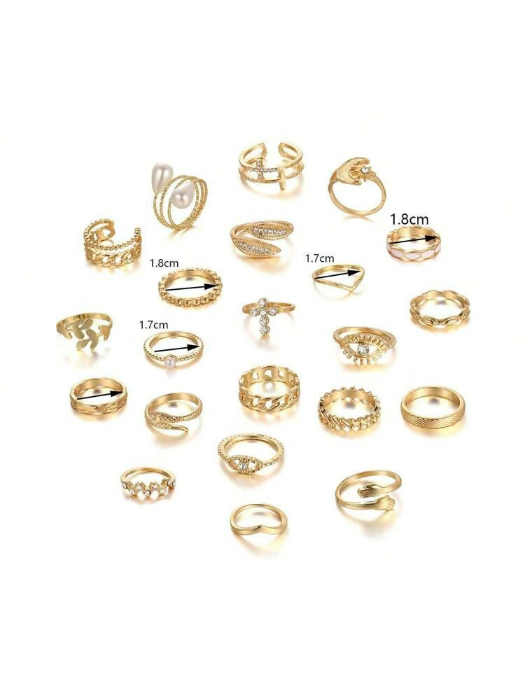 A ring set for women consisting of 21 rings with simple geometric metal designs, containing the shape of a heart and a butterfly inspired by pearls, a gift from us....