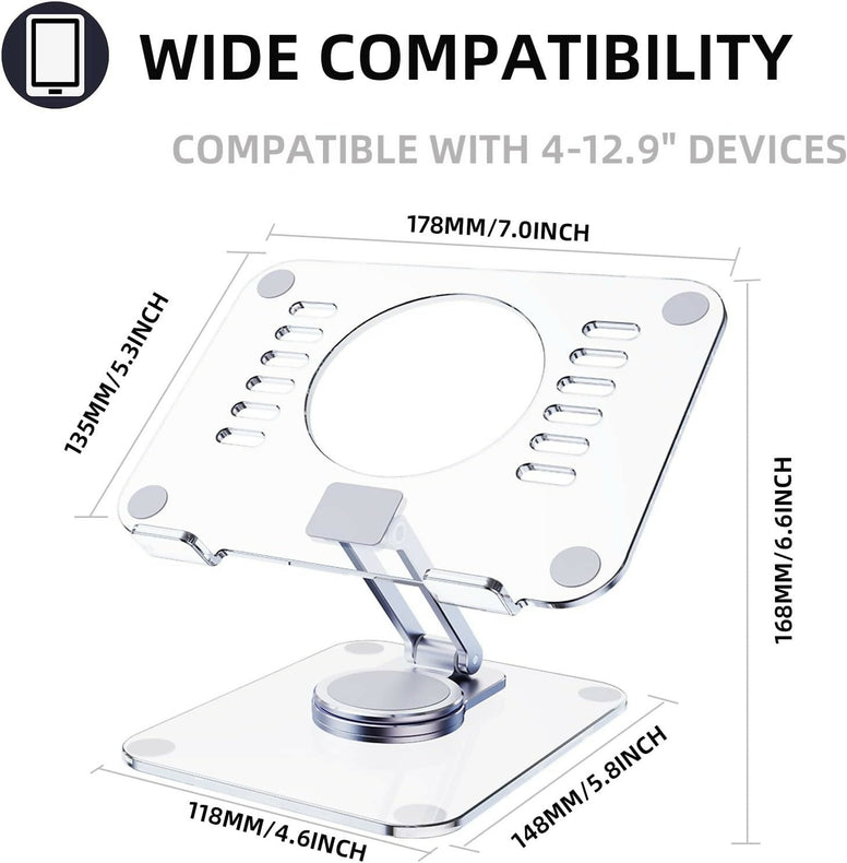 حامل تابلت اكريليك دوار 360 درجة من دولوفين، حامل مكتب قابل للتعديل وقابل للطي متوافق مع ايباد برو واير وميني وكيندل وسيرفس برو وجالكسي تاب والجوال، 4-13 انش، شفاف