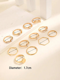 12 Pieces Set Simple and Fashion Geometric Circle Ring with Rhinestone, Zirconia, Heart, Butterfly Multi-color Embellishment....