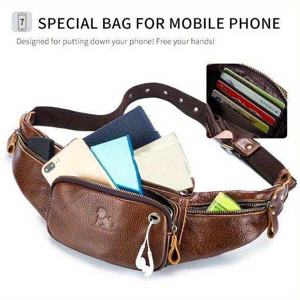 1pc Genuine Leather Outdoors Fanny Pack Top Layer Cowhide Waist Bag For Travel Hiking Running