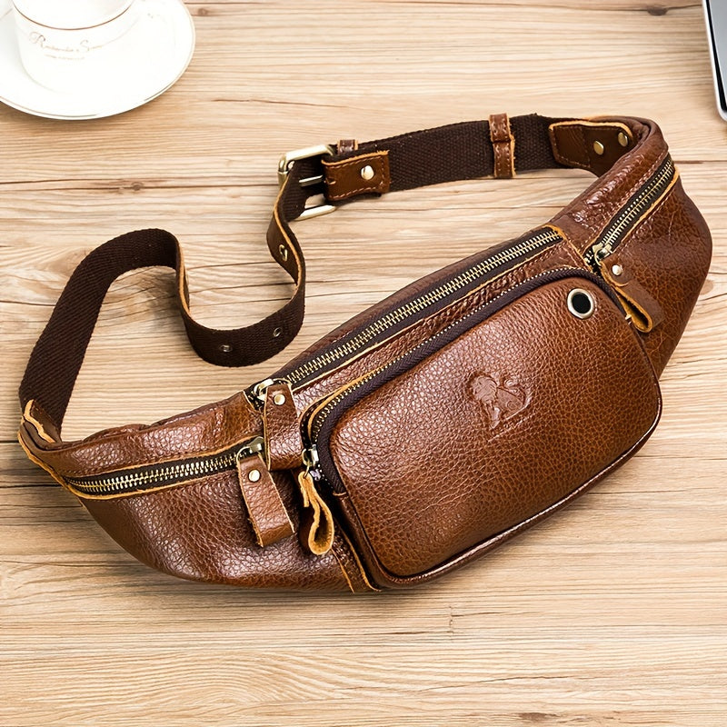 1pc Genuine Leather Outdoor Fanny Pack For Travel Hiking  Running Top Layer Cowhide Waist Bag