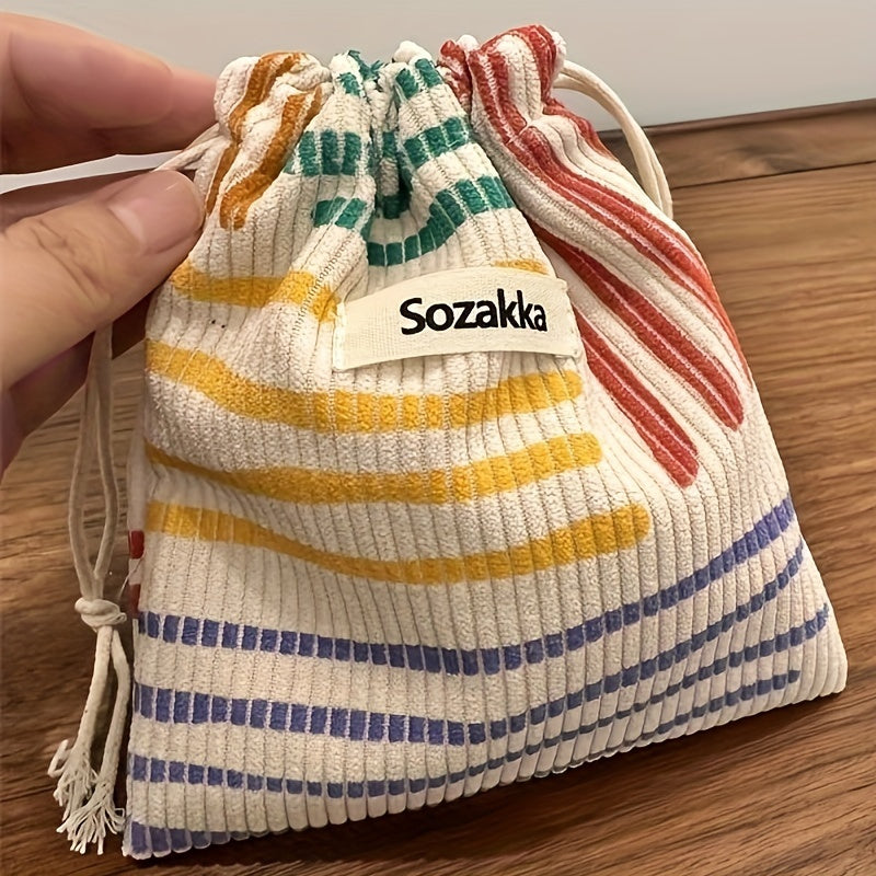 Multifunctional Drawstring Makeup Bag Colorful Striped Storage Bag Aesthetic Corduroy Coin Purse