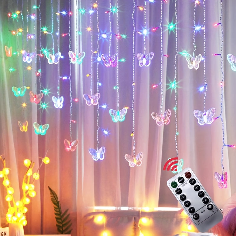 1pc LED Butterfly Curtain Lights 8 Modes Christmas Twinkle String Lights RemoteUSB Powered Window Fairy Lights Holiday Wedding Party Bedroom Curtains Decorative Lights