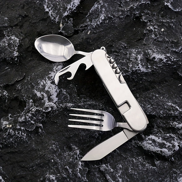 1pc Multifunction Folding Knife Steel Shell Large Tableware 6 Functions Outdoor Picnic Knife Fork And Spoon Set Convenient Foldable Stainless Steel Tableware Outdoor Essential Camping Supplies