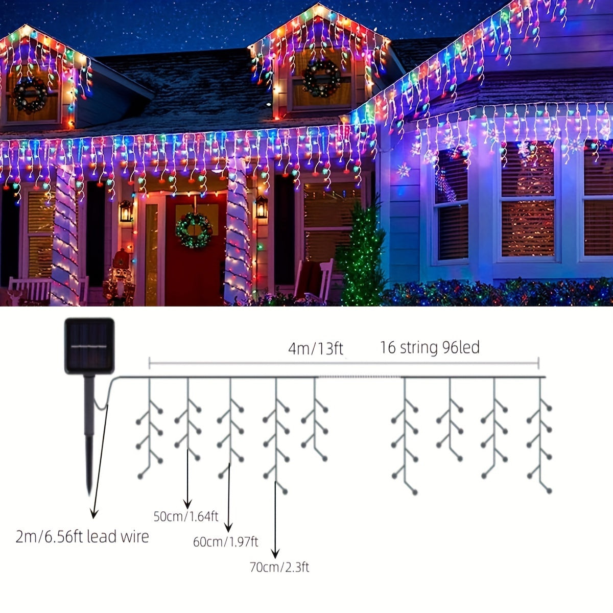 1pc LED Solar String Lights 4m13ft 96LEDs Waterproof Curtain Lights Fairy String Lights Christmas Lights For Bedroom Patio Yard Garden Wedding Party Christmas  Halloween Decorations