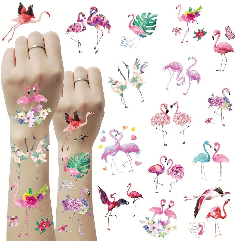 15 Sheets Flamingo Tattoo Stickers Disposable Temporary Tattoos Pink Flamingo Flower Grass Elements Cute Cartoon Beautiful Stickers Party Body Decorations Waterproof And Sweatproof Lasting 25 Days