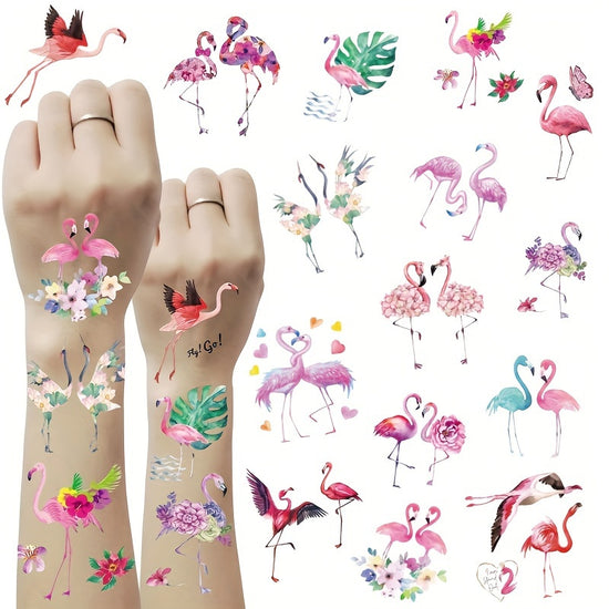 15 Sheets Flamingo Tattoo Stickers Disposable Temporary Tattoos Pink Flamingo Flower Grass Elements Cute Cartoon Beautiful Stickers Party Body Decorations Waterproof And Sweatproof Lasting 25 Days