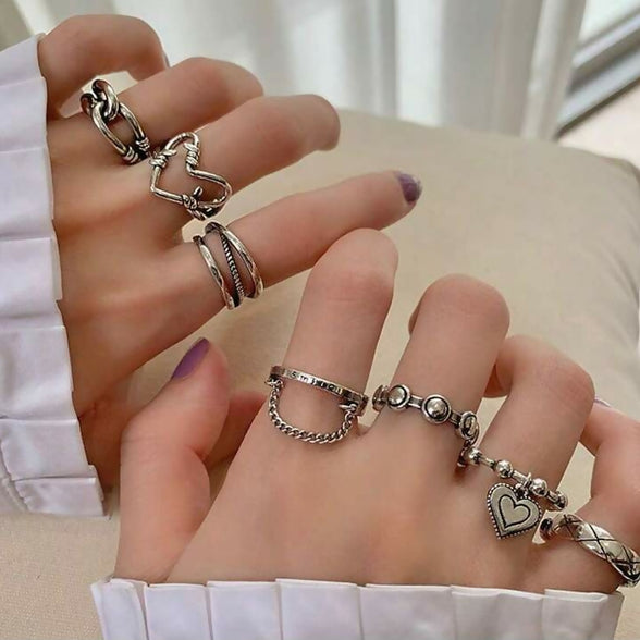 7pcs/set Unique Metal Geometric Chains, Open Heart Joint Rings for Women