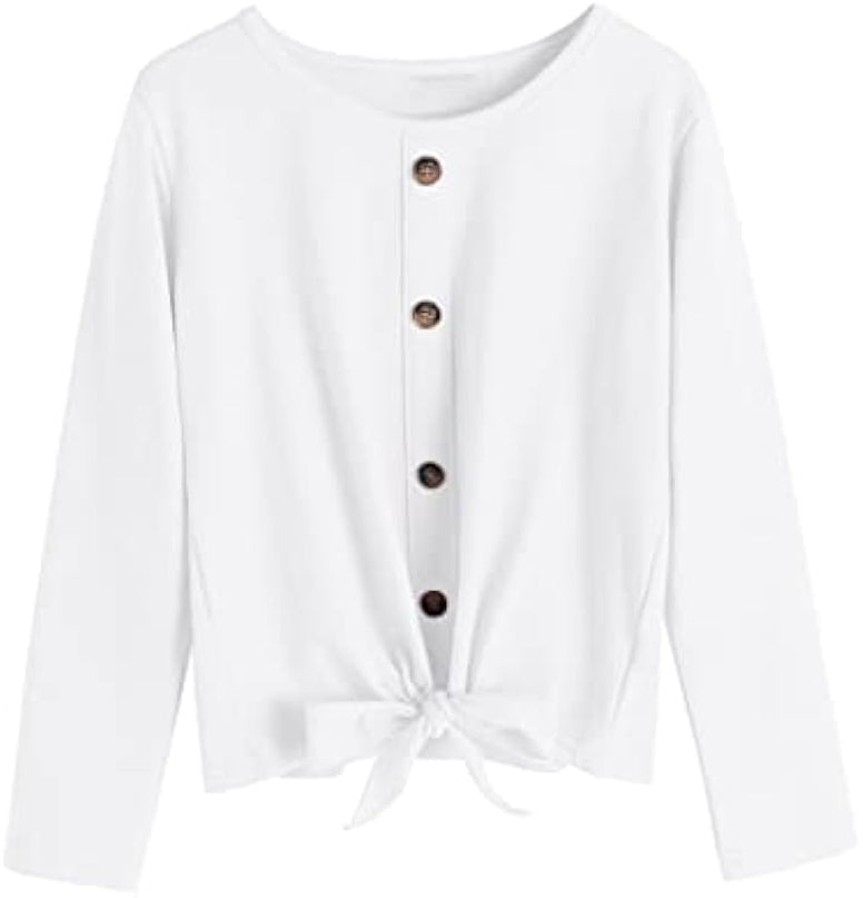 Hopeac Girls Long Sleeve Shirts Tie Front Knot Button Plain Cotton Casual Cute Tunic Tee Tops Blouse Undershirt