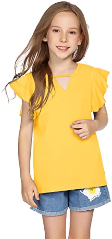 Greatchy Girls Shirts Short Sleeve Tee Ruffle Solid Summer Keyhole Neck Cotton Blouse Tops