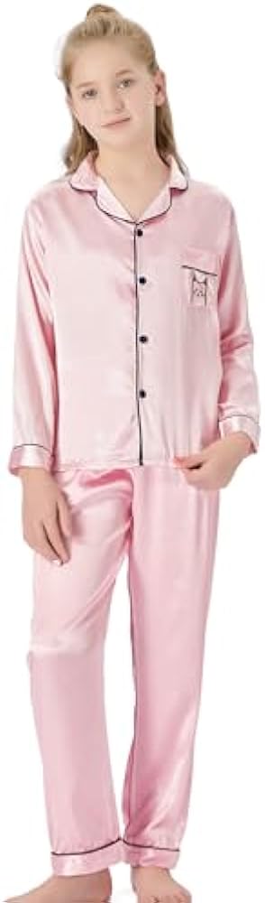 Satin Pajamas for Girls – Coat Style Unicorn Long Sleeve Silk Button Down PJ Set Size 6-16