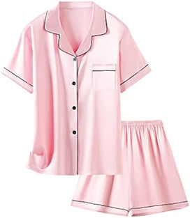 Schbbbta Satin Pajamas for Girls, 2 Pcs Sleepwear Short Silk Matching Summer Pajama Set for Girls, Candy Pink, 11-12 Years = Tag 18