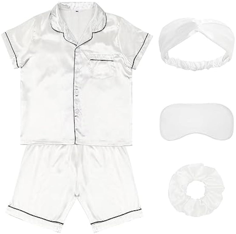 ALHAVONE Kids Girl Pajama Set with Headband Blindfold Hair Tie Toddler Boy Girl Satin Silky Button-up Pajama Sleepwear