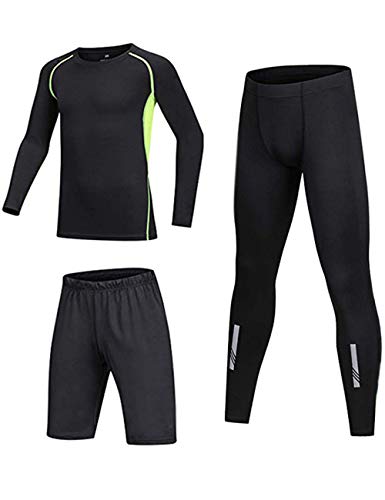 BUYKUD Kids' Boys 3PCS Long Sleeve Base Layer Compression Athletic Shirt Tights Top & Bottom Underwear Sports Set