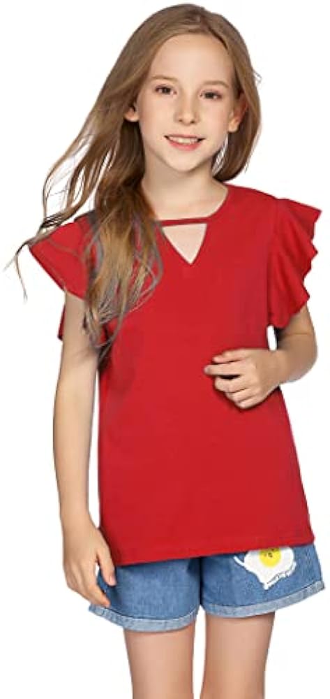 Greatchy Girls Shirts Short Sleeve Tee Ruffle Solid Summer Keyhole Neck Cotton Blouse Tops