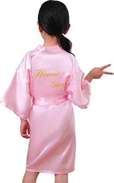 QXQTER Silky Satin Robes for Kids Girls Flower Girl Robe for Wedding Bridal Party with Gold Glitters