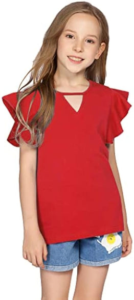 Greatchy Girls Shirts Short Sleeve Tee Ruffle Solid Summer Keyhole Neck Cotton Blouse Tops