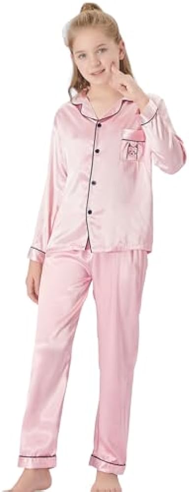 Satin Pajamas for Girls – Coat Style Unicorn Long Sleeve Silk Button Down PJ Set Size 6-16