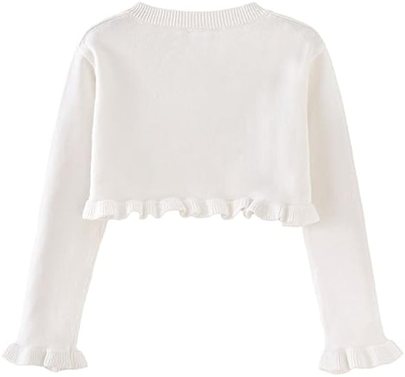 Girls’ Bolero Cardigan Long Sleeve Knitted Shrug Sweaters Button Closure Lace Ruffle Shawl Cropped Dress Up Tops Jacket