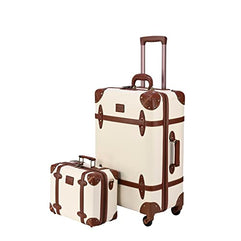 2 Piece Vintage Luggage Suitcases with TSA Lock and Spinner Wheels, Leather Travel Suitcase for Women Men, Carry on Suitcase with Handbag, Contrasting Color Design, 14’’+24’’ (White)