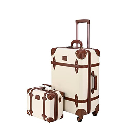 2 Piece Vintage Luggage Suitcases with TSA Lock and Spinner Wheels, Leather Travel Suitcase for Women Men, Carry on Suitcase with Handbag, Contrasting Color Design, 14’’+24’’ (White)