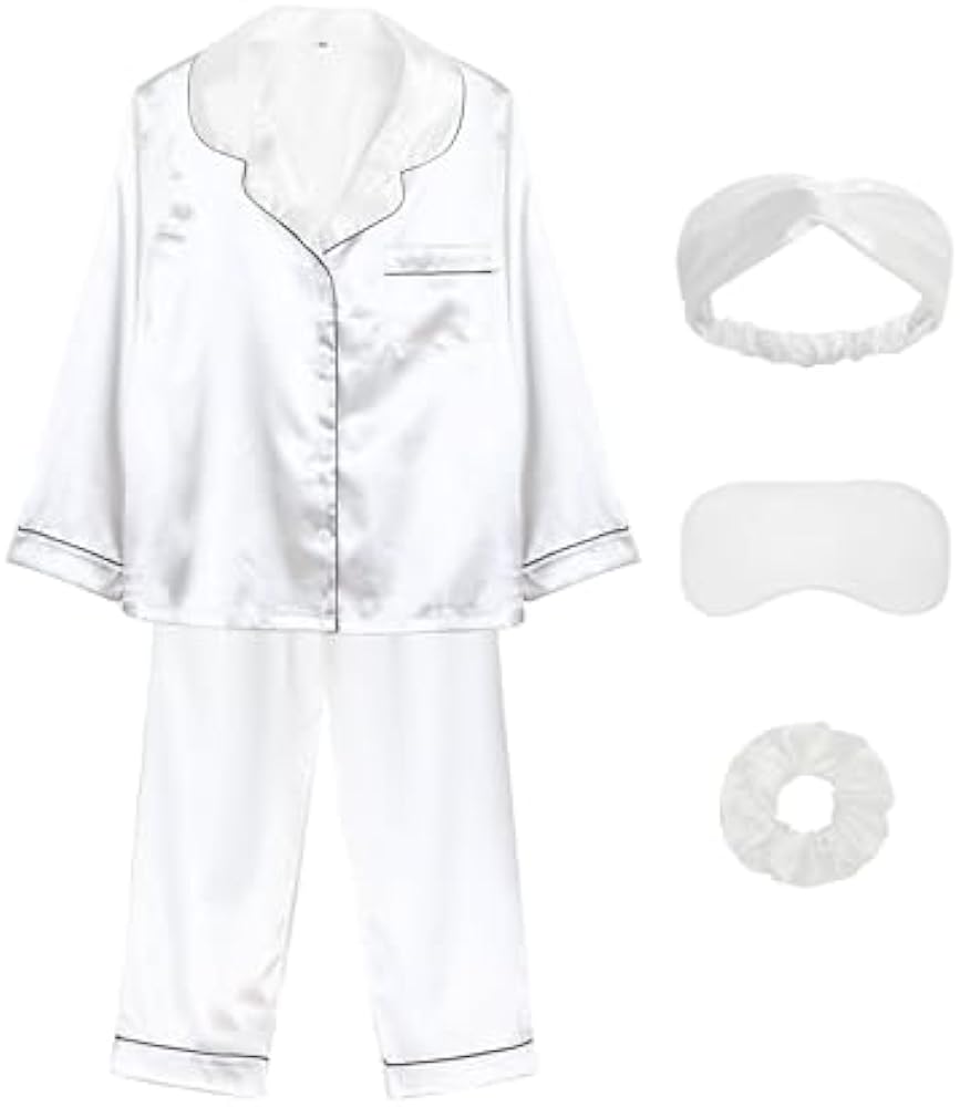 ALHAVONE Kids Girl Pajama Set with Headband Blindfold Hair Tie Toddler Boy Girl Satin Silky Button-up Pajama Sleepwear