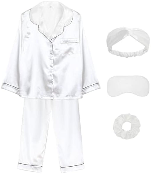 ALHAVONE Kids Girl Pajama Set with Headband Blindfold Hair Tie Toddler Boy Girl Satin Silky Button-up Pajama Sleepwear