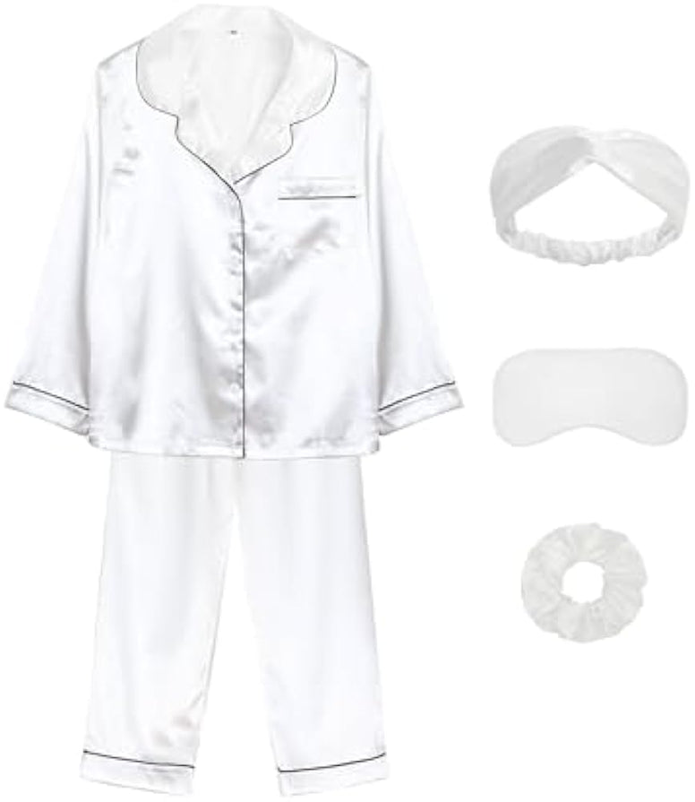 ALHAVONE Kids Girl Pajama Set with Headband Blindfold Hair Tie Toddler Boy Girl Satin Silky Button-up Pajama Sleepwear