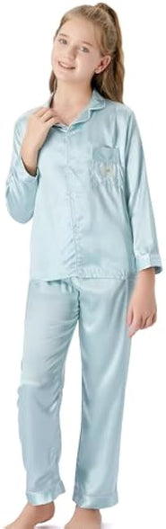 Satin Pajamas for Girls – Coat Style Unicorn Long Sleeve Silk Button Down PJ Set Size 6-16