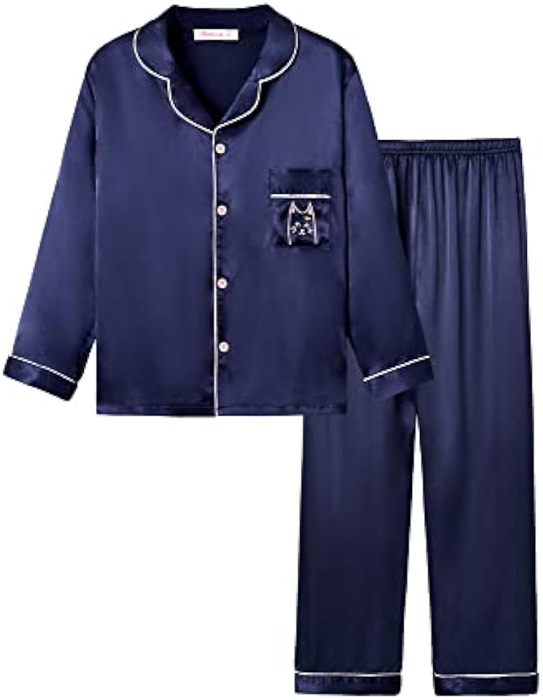 Satin Pajamas for Girls – Coat Style Unicorn Long Sleeve Silk Button Down PJ Set Size 6-16