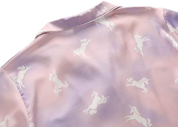 Satin Pajamas for Girls – Coat Style Unicorn Long Sleeve Silk Button Down PJ Set Size 6-16