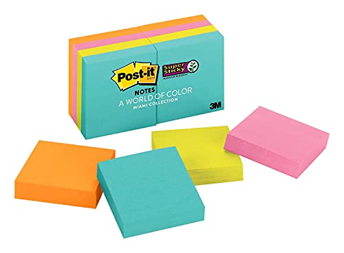 Post-it Super Sticky Notes 2 x 2 in (47.6 x 47.6 mm) 622 | Miami Assorted colors | Extra Sticky Notes | For Note Taking, To Do Lists | Clean Removal | Recyclable | 90 sheets/pad | 8 pads/pack