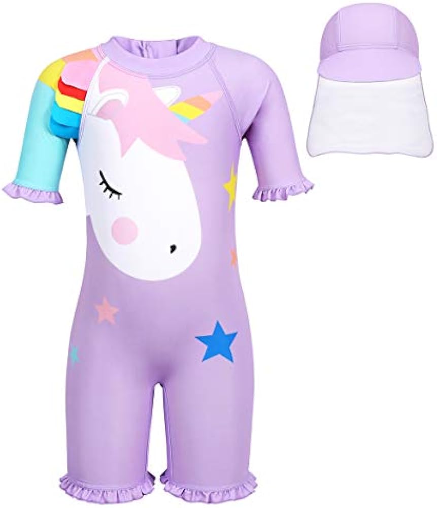 WonderBabe Unicorn/Flamingos Girls UV Swimsuit Kids Sun Protection Swimming Costume One Piece Round-Neck Swimwear Rash Guard Bathing Suit Surfing Sunsuit 1-8 Years