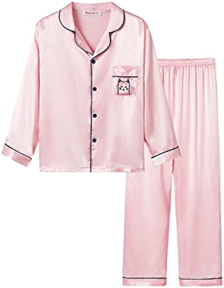 Satin Pajamas for Girls – Coat Style Unicorn Long Sleeve Silk Button Down PJ Set Size 6-16