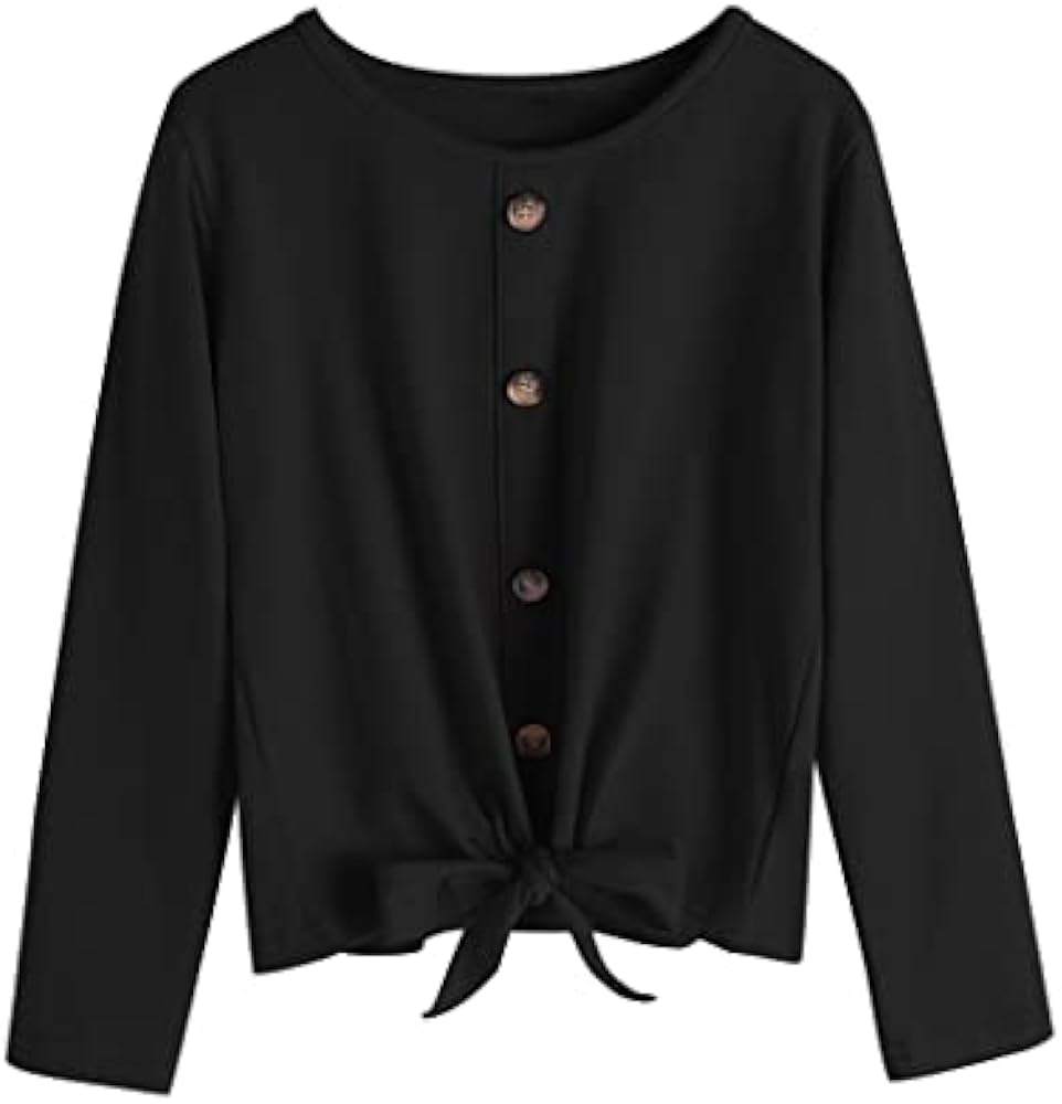 Hopeac Girls Long Sleeve Shirts Tie Front Knot Button Plain Cotton Casual Cute Tunic Tee Tops Blouse Undershirt