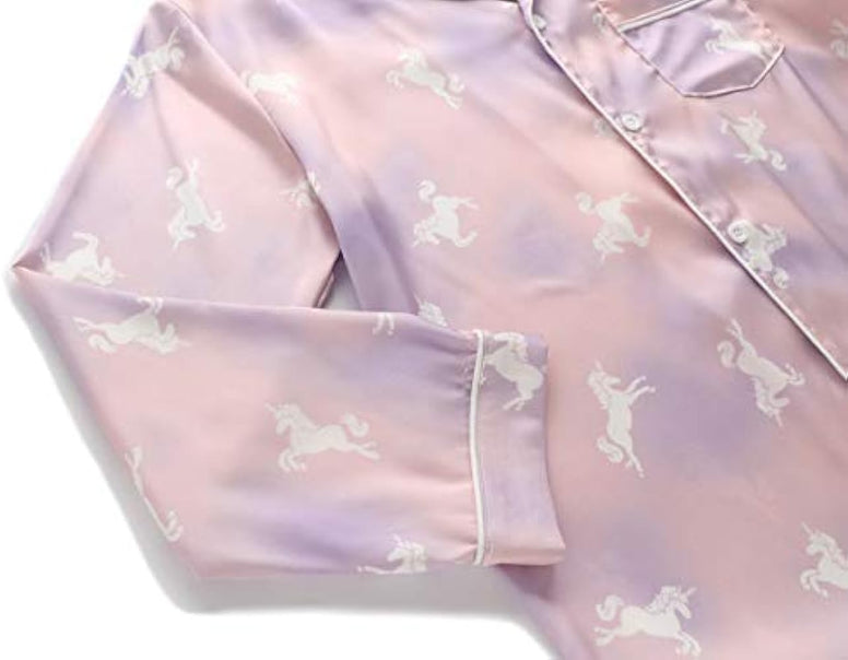 Satin Pajamas for Girls – Coat Style Unicorn Long Sleeve Silk Button Down PJ Set Size 6-16