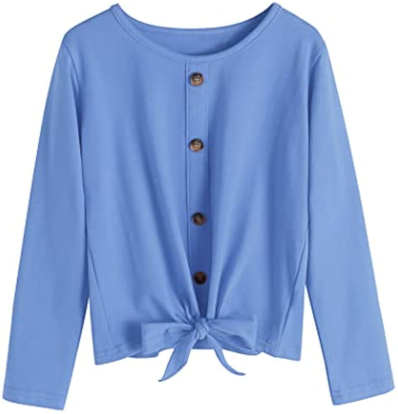 Hopeac Girls Long Sleeve Shirts Tie Front Knot Button Plain Cotton Casual Cute Tunic Tee Tops Blouse Undershirt