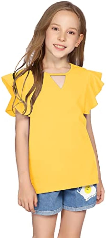 Greatchy Girls Shirts Short Sleeve Tee Ruffle Solid Summer Keyhole Neck Cotton Blouse Tops