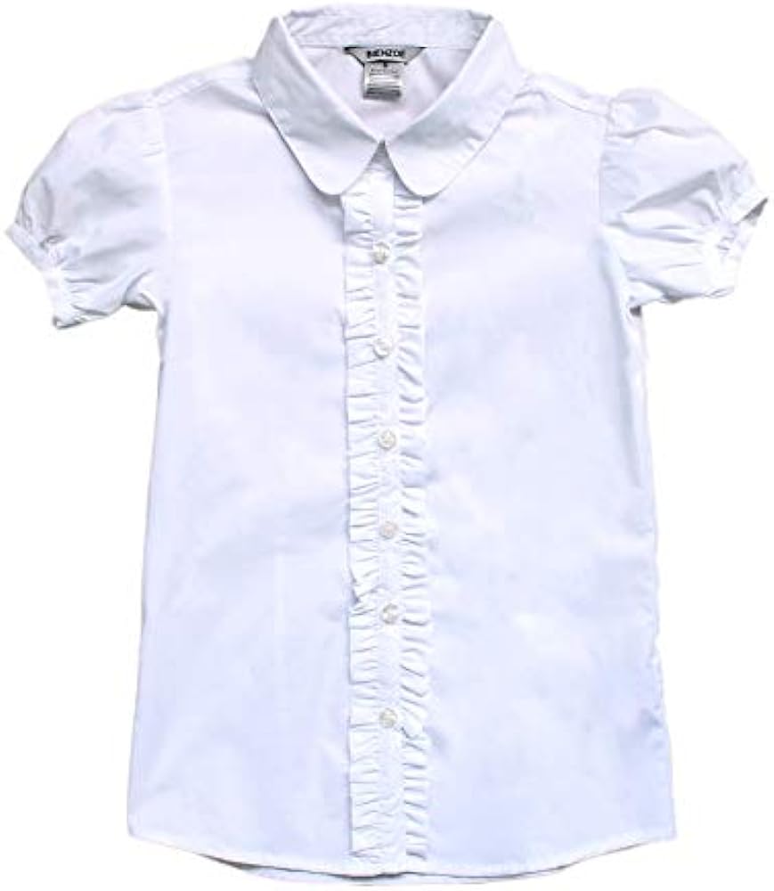 Bienzoe Girls School Uniform Shirt: Kids Summer Ruffle Button Down Short Sleeve Cotton Oxford Blouse