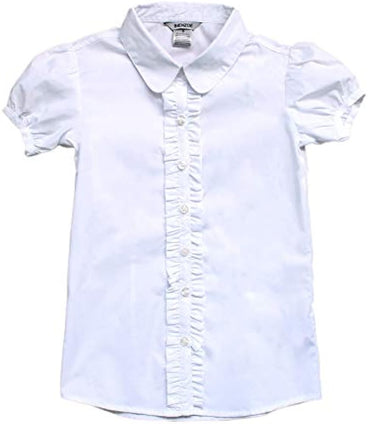 Bienzoe Girls School Uniform Shirt: Kids Summer Ruffle Button Down Short Sleeve Cotton Oxford Blouse