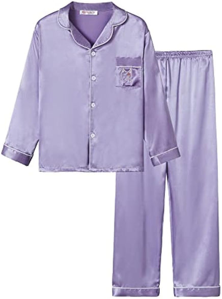 Satin Pajamas for Girls – Coat Style Unicorn Long Sleeve Silk Button Down PJ Set Size 6-16