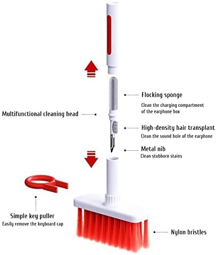 5 In 1 Keyboard Cleaning Soft Brush Keyboard Cleaner, Bluetooth Earbuds Cleaning Pen with Soft Microfiber Brush,Corner Gap Duster Keycap,Computer Cleaning Tools Kit (Red)