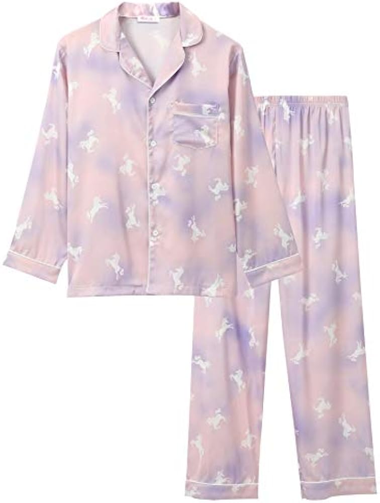 Satin Pajamas for Girls – Coat Style Unicorn Long Sleeve Silk Button Down PJ Set Size 6-16