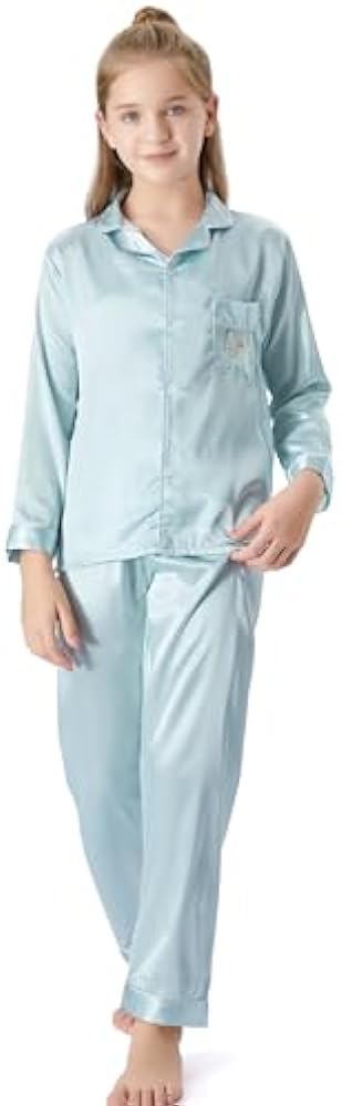 Satin Pajamas for Girls – Coat Style Unicorn Long Sleeve Silk Button Down PJ Set Size 6-16