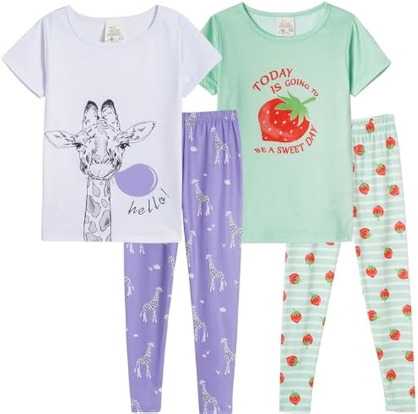 MyFav Babies, Toddlers and Girls' 4-Piece Snug Fit Cotton Pajama Set, Print Short Sleeve Loungewear