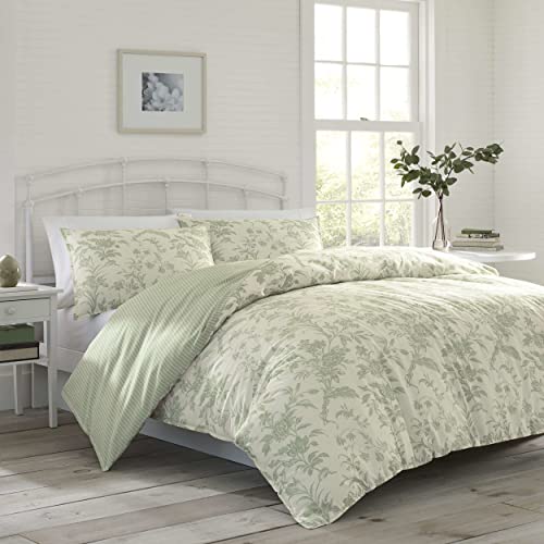 Laura Ashley Home - Queen Size Comforter Set, Reversible Cotton Bedding, Includes Matching Shams with Bonus Euro Shams & Throw Pillows (Natalie Sage/Off White, Queen)